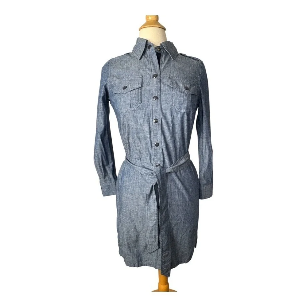 Tory Burch Chambray‎ Shirt Dress Size 2 Blue Belted Military Utility Long Sleeve